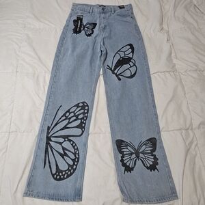Butterfly Print Wide Leg Denim Jeans